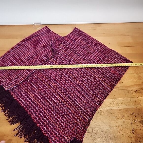 Rustic Handmade Knitted Wool Poncho Wrap Shawl Original Purple Magenta S/M - Picture 12 of 15